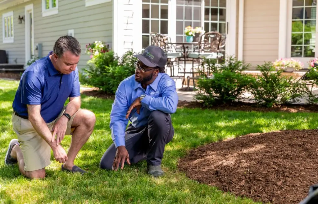 SpringGreen employee and Spring customer having a conversation about lawn