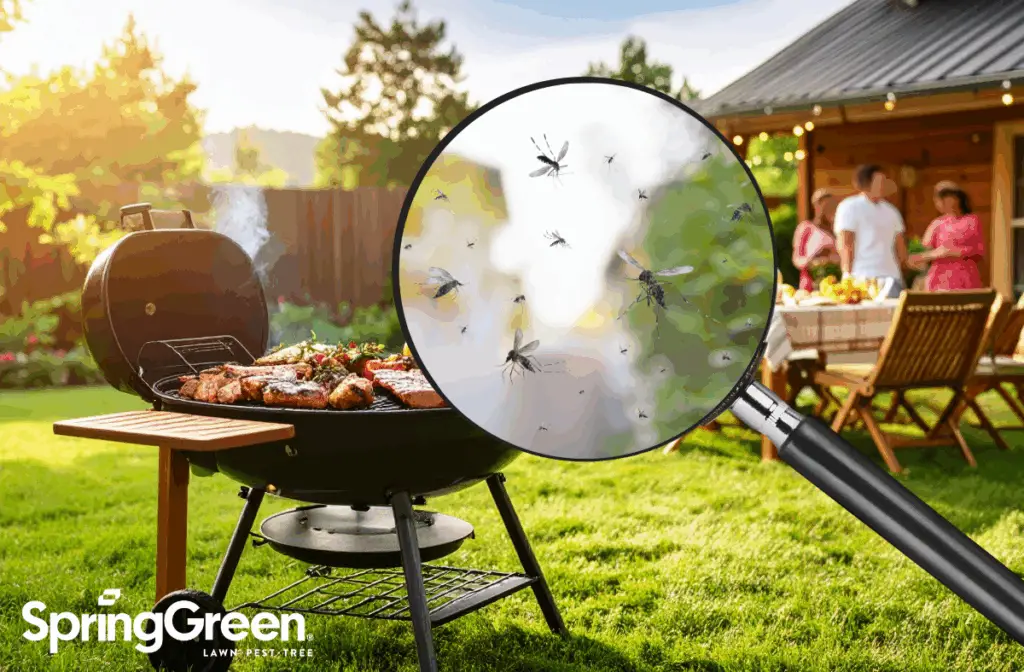 backyard with food on grill and people outside, magnifying glass showing mosquitos present